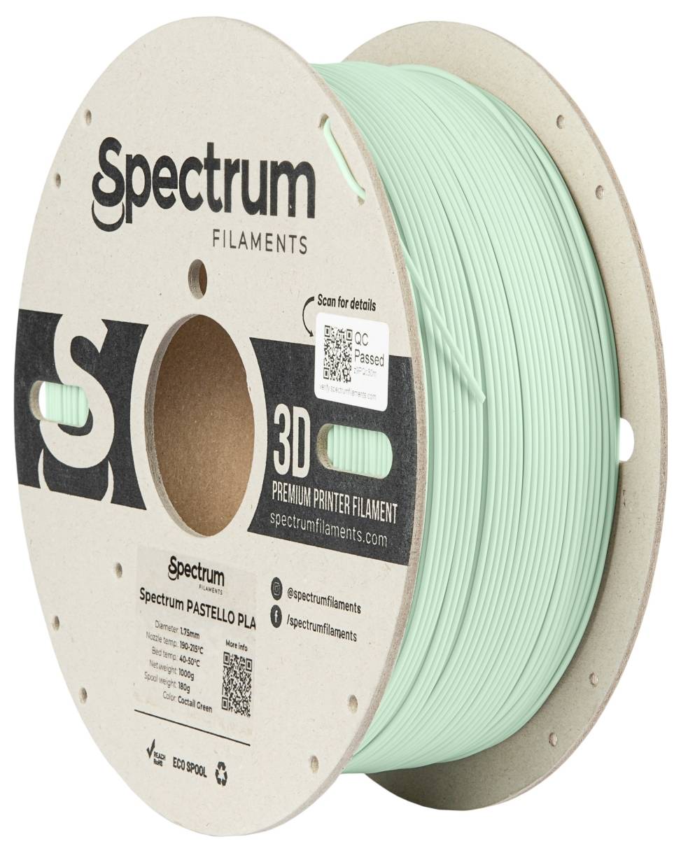 Role svetlozelenéhо 3D tlačového filamentu značky Spectrum, označená nápisom 'Pastello PLA' s detailmi o zložení a použití.
