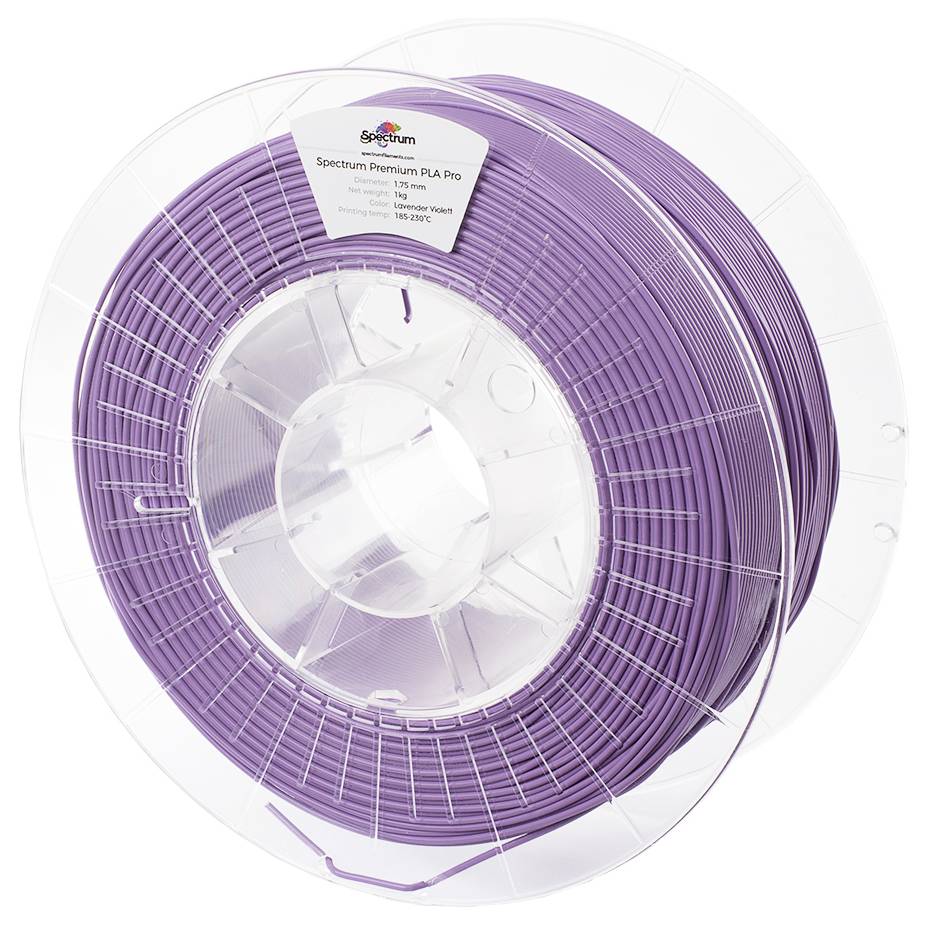 Fialová rolka 3D tlačového filamentu s etiketou 'Spectrum Premium PLA Pro'.