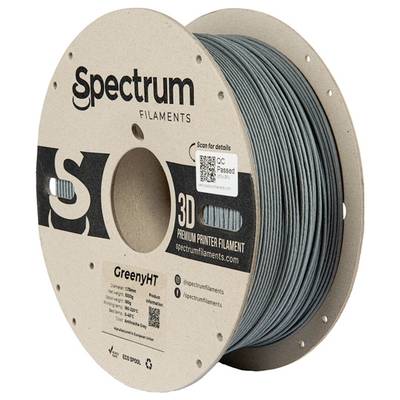 Špulka so sivým 3D tlačiarenským filamentom značky Spectrum. Etiketa zobrazuje značku, typ produktu 'GreenyHT', špecifikácie, QR kód a 'Kontrola kvality vykonaná'.