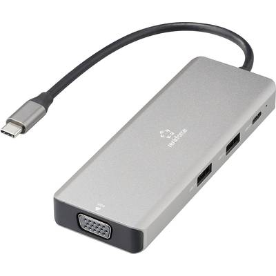 Strieborný USB-C hub s viacerými portami vrátane VGA, USB a HDMI, navrhnutý pre všestranné pripojenie.