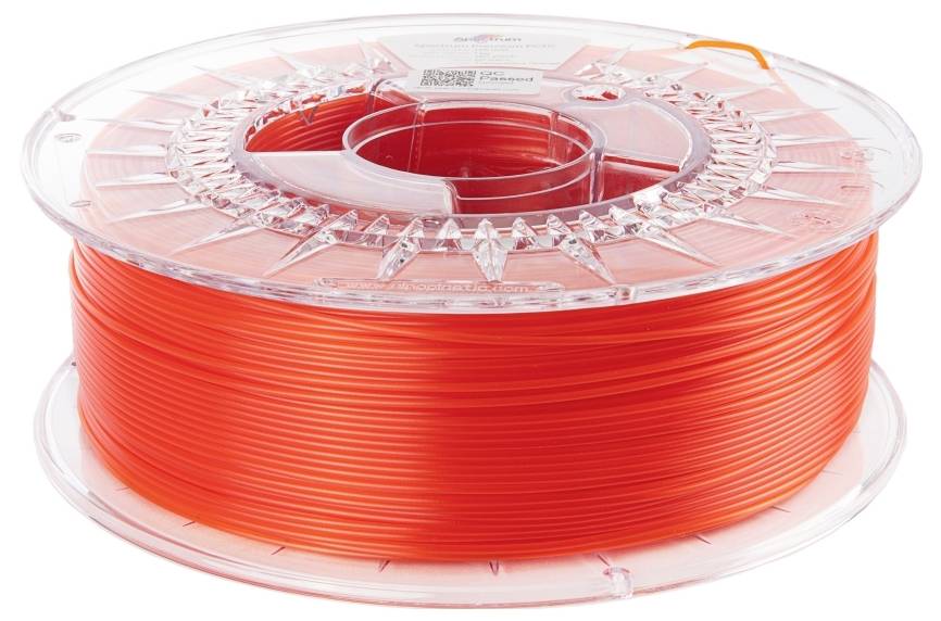 Cievka s oranžovým 3D tlačovým filamentom z plastu, priehľadný kryt, určená pre použitie v 3D tlači.