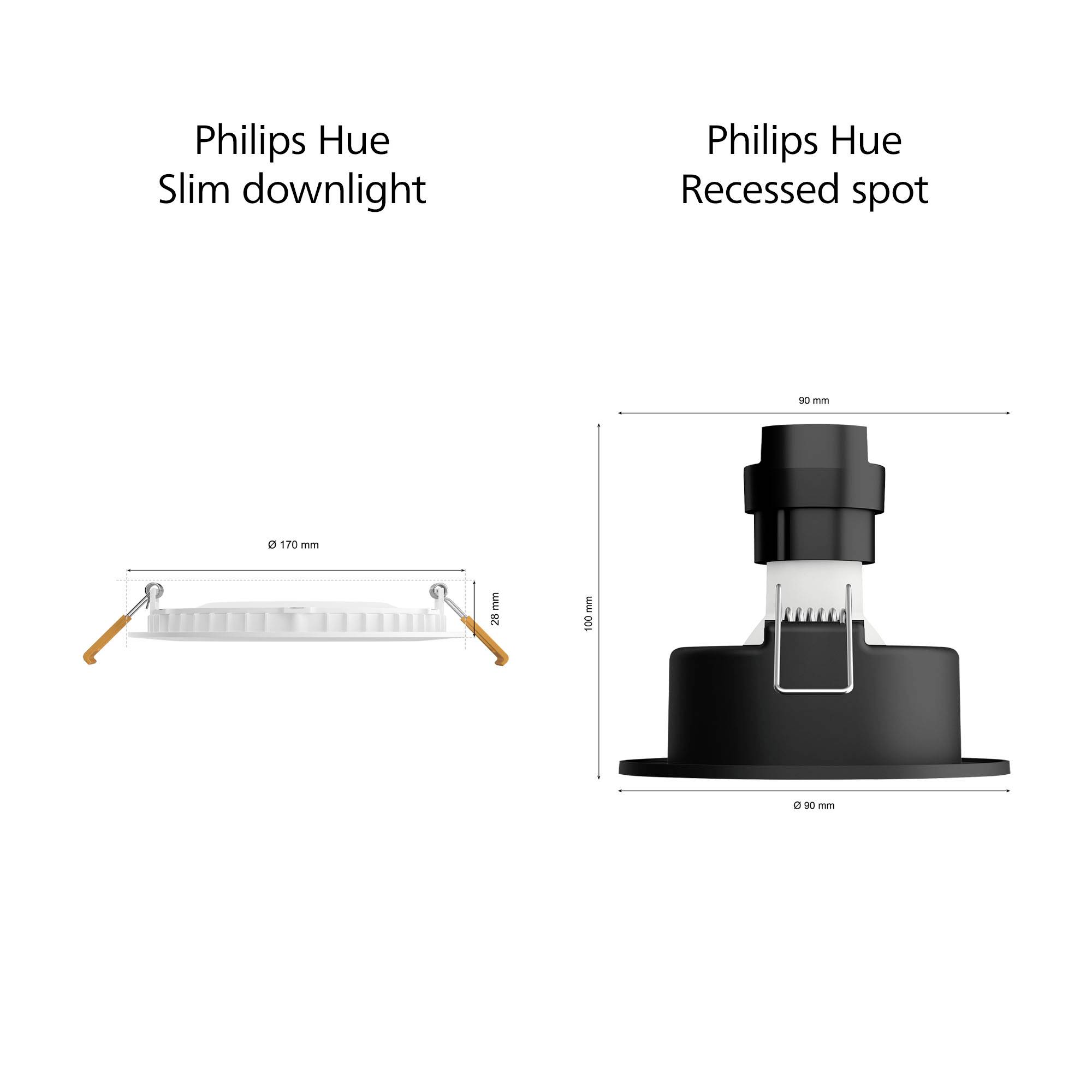 Na obrázku sú zobrazené svietidlá 'Philips Hue Slim Downlight' a 'Philips Hue Recessed Spot' spolu s technickými výkresmi a rozmermi produktov.