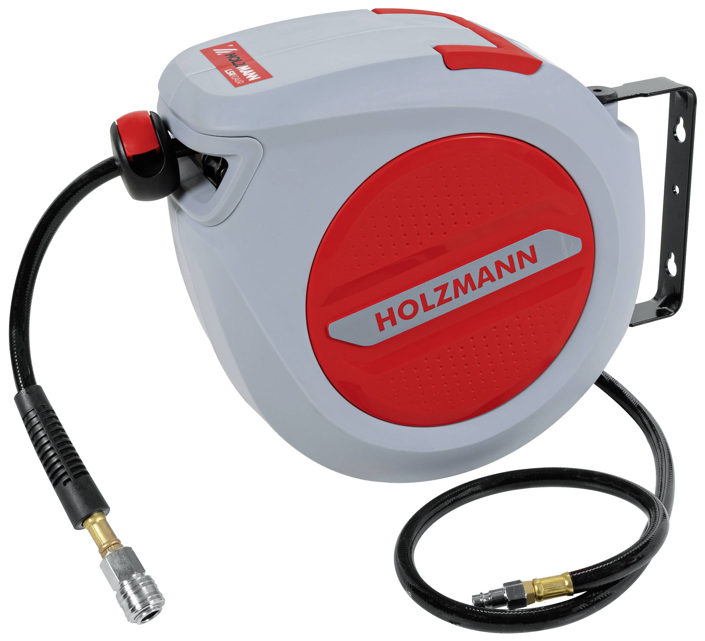 Automatický navíjač vzduchovej hadice od Holzmanna. Obsahuje dlhú čiernu hadicu s kovovým pripojením, ktorý je možné namontovať na stenu.