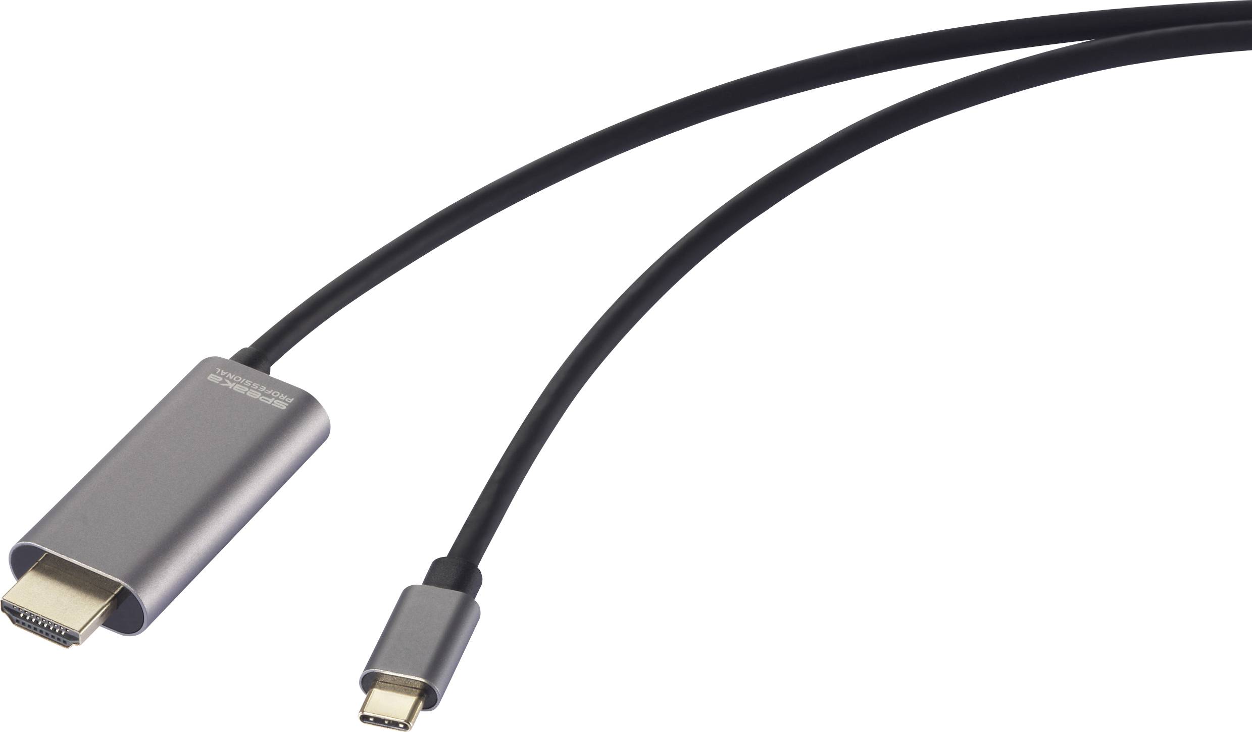 Čierny kábel s USB-C konektorom na jednej strane a HDMI konektorom na druhej strane, používaný na video a audio prepojenia.