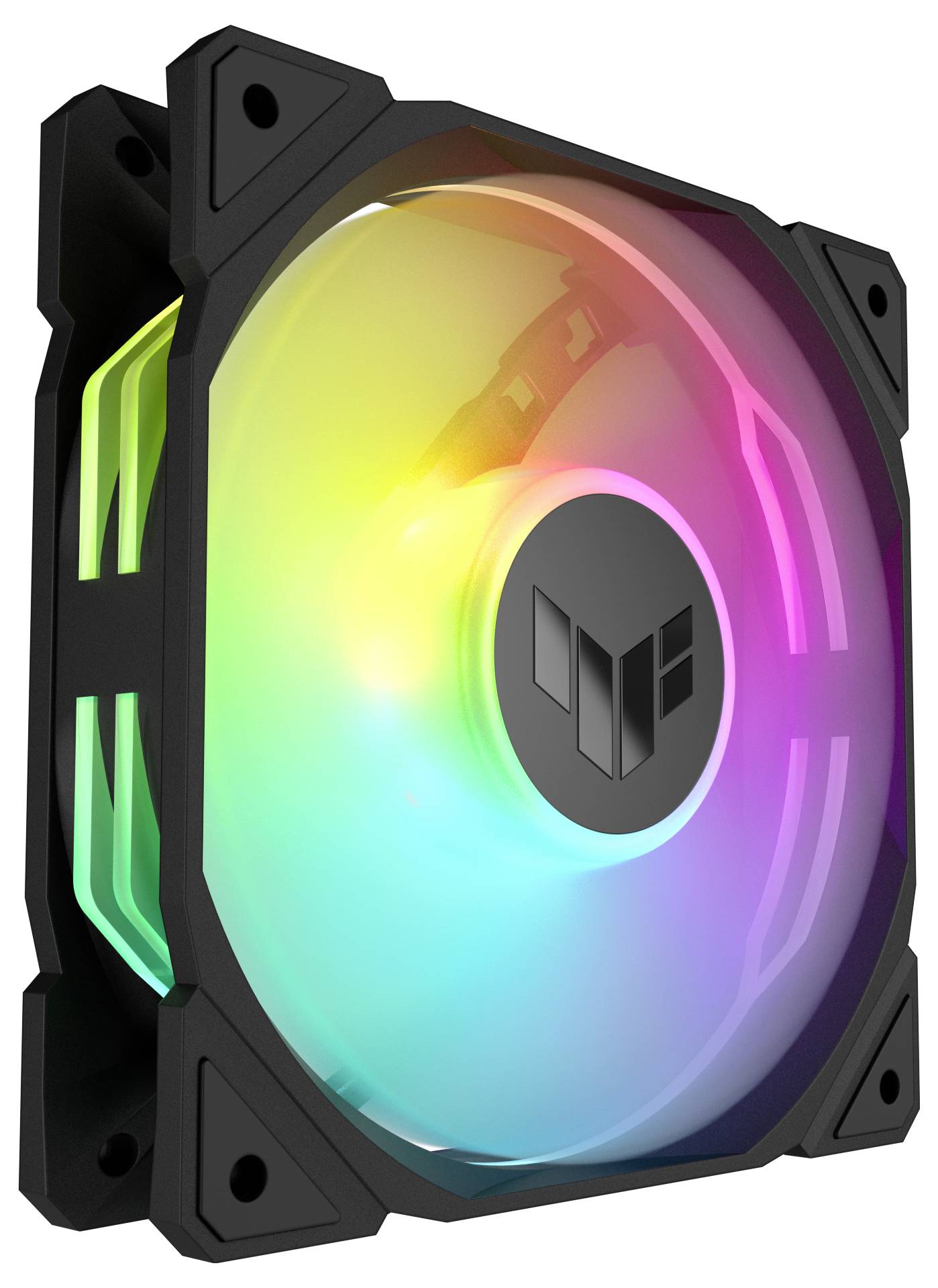 Čierny počítačový ventilátor so svetlým RGB osvetlením, ktoré svieti v rôznych farbách.