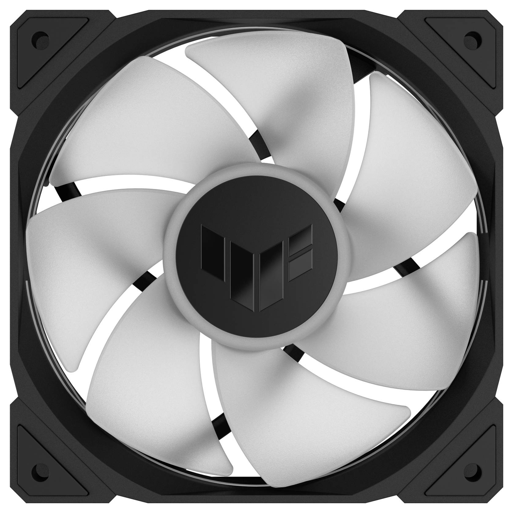 Zobrazený je počítačový ventilátor s čiernym krytom a bielymi rotačnými lopatkami, vhodný na chladenie počítačového hardvéru.