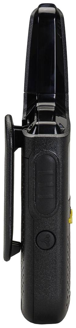 Pohľad zboku na čierne elektronické zariadenie s klipom, pravdepodobne komunikačné alebo meracie zariadenie.