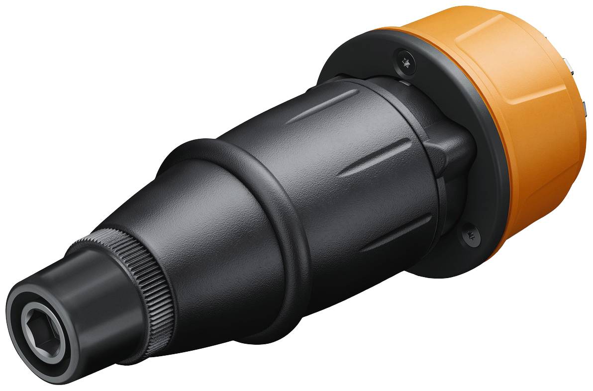 Oranžovo-čierny adaptér so štruktúrovaným dizajnom vhodný pre priemyselné použitie.