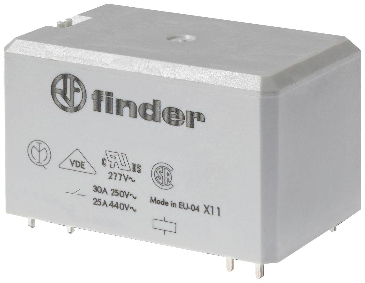 Sivé relé značky 'Finder' s rôznymi certifikačnými značkami. Ukazuje elektrické špecifikácie: 30A 250V~ a 25A 440V~.