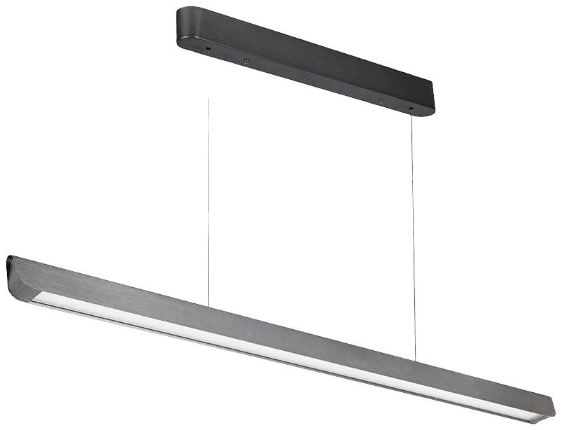 Moderná, sivá LED závesná lampa s obdĺžnikovým dizajnom a štíhlym tvarom. Zavesená je na dvoch tenkých kábloch.