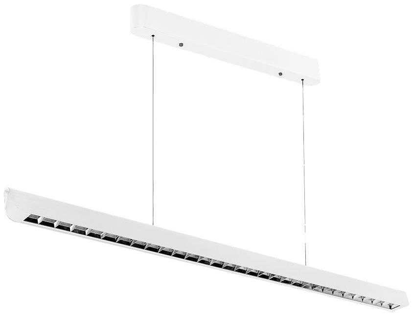 Biela lineárna závesná lampa, obdĺžnikového tvaru, zavesená na dvoch tenkých lanách.