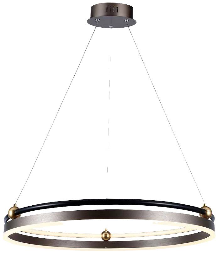 Moderná, okrúhla stropná lampa z kovu s LED osvetlením, zavesená na troch drôtoch. Ideálna pre súčasnú priestorovú koncepciu.