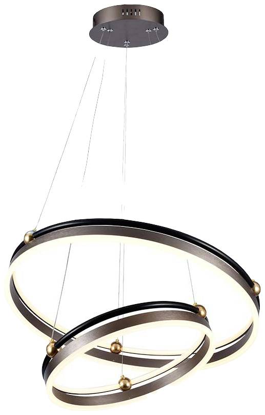 Dva do seba zapadajúce kruhové LED závesné svietidlá visia z okrúhlej stropnej konzoly, dizajnovo moderné a minimalistické.