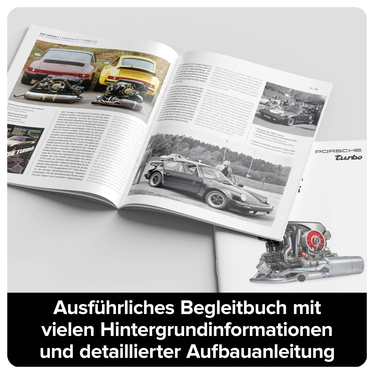 Otvorená kniha s podrobnými informáciami o modeloch a motoroch Porsche. Vedľa nej fotoalbum. Text dole: 'Rozsiahly sprievodný zväzok'.