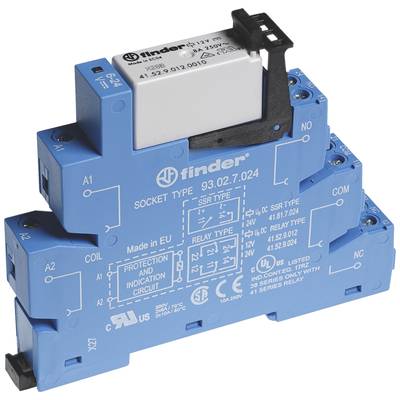 Modrý relé od výrobcu Finder, model 93.02.7.024, vyrobené v Európe. Zobrazuje technické údaje a pripojovacie svorky.