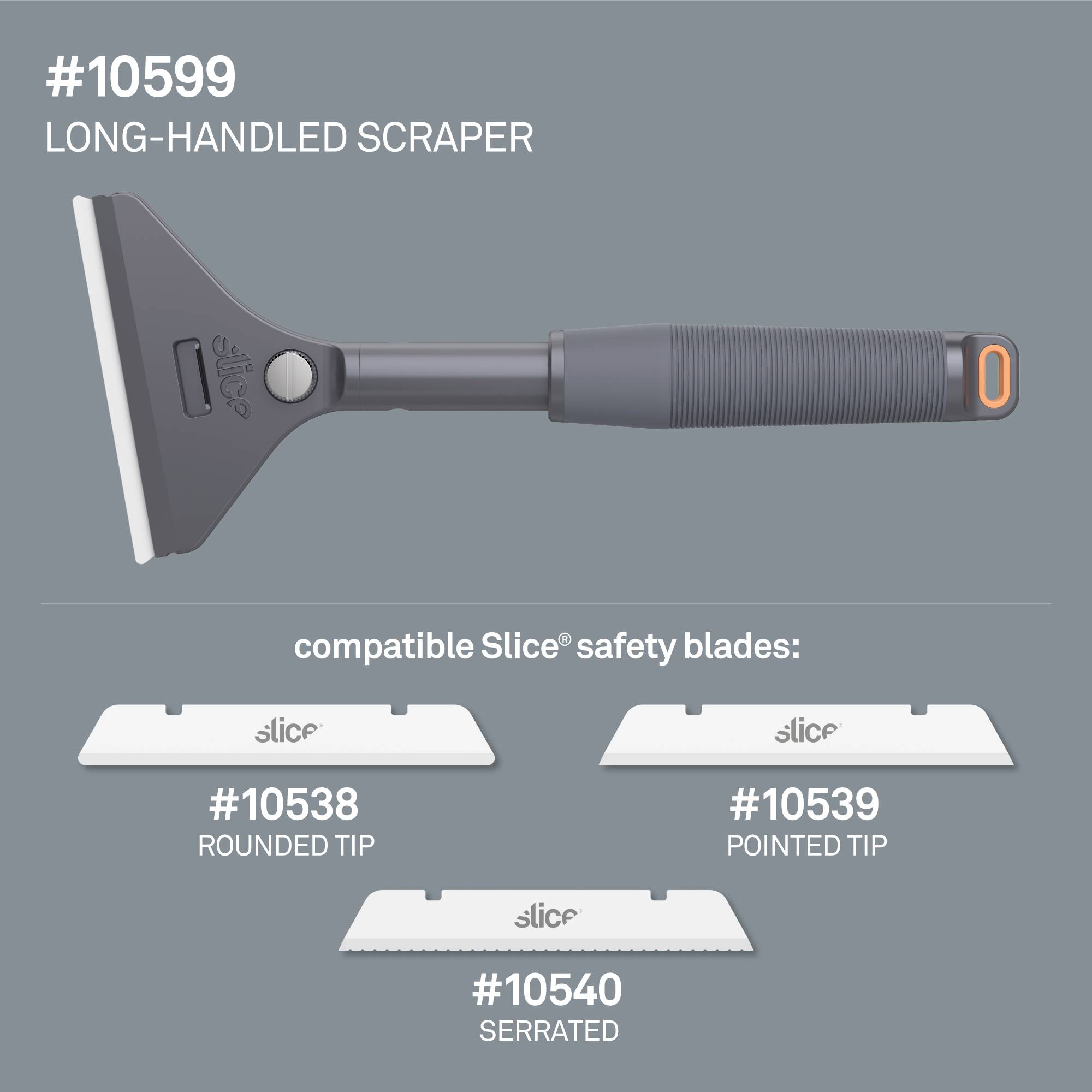 Langer Schaber #10599 s ergonomickou rukoväťou. Kompatibilný so sácími bezpečnostnými čepeľami: zaoblené, špicaté a zubovité hroty.