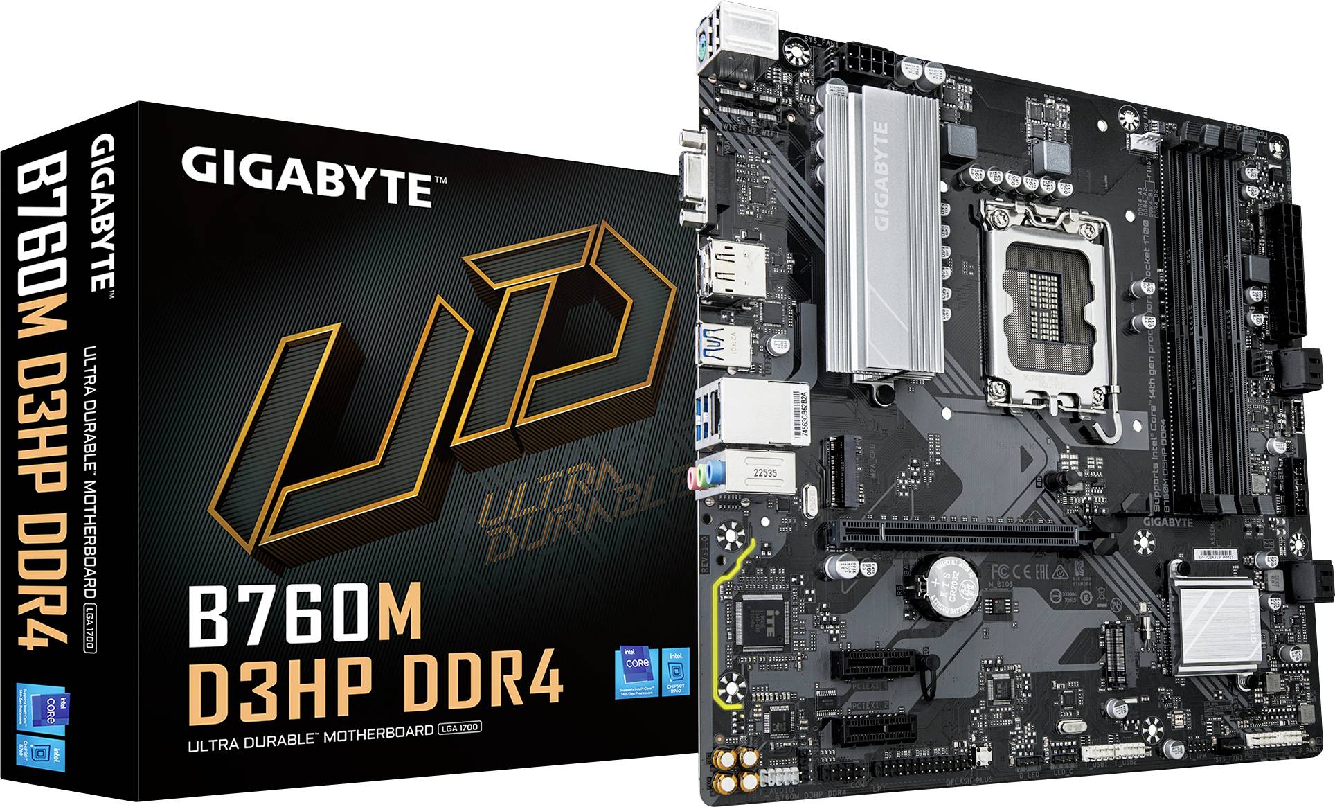 Základná doska Gigabyte B760M D3HP DDR4 vedľa obalu. Vhodná pre výkonné počítače, zobrazuje rôzne konektory a komponenty.