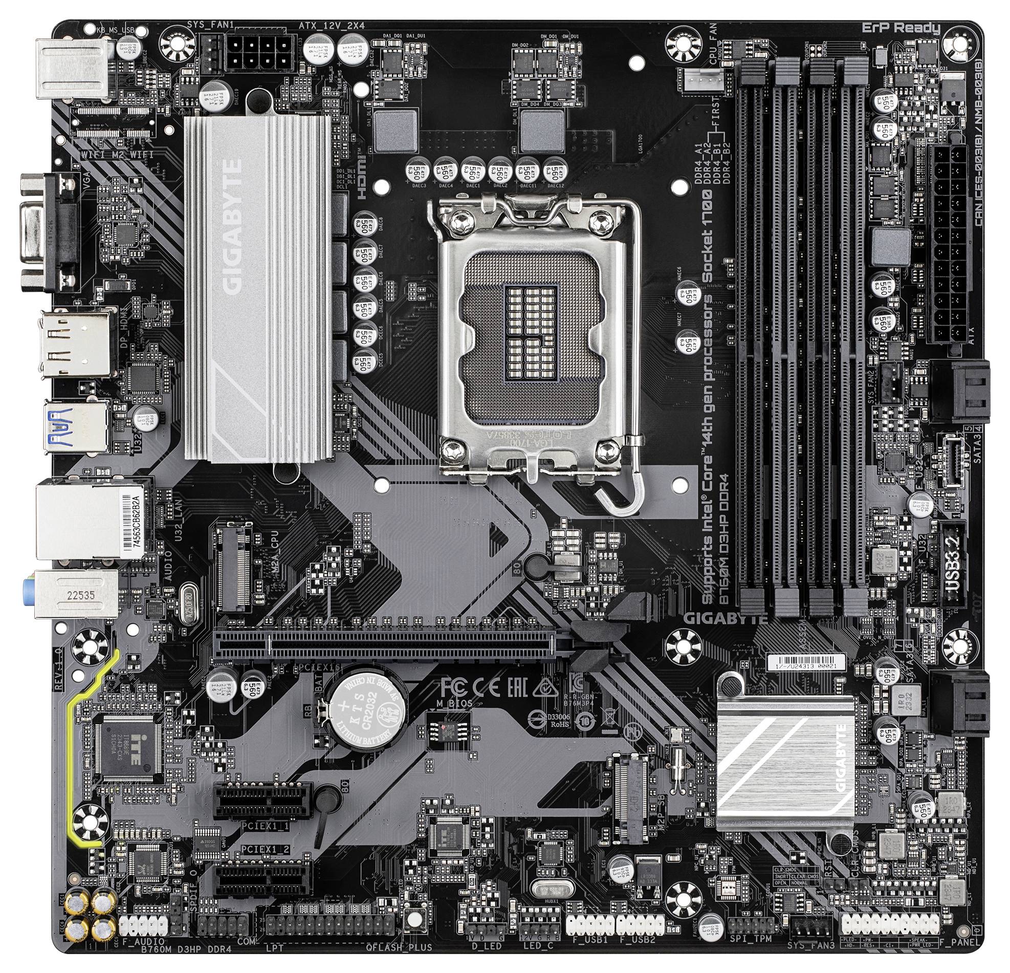 Gigabitová základná doska s CPU socketom, pamäťovými slotmi a rôznymi konektormi; vhodná na použitie v počítači.