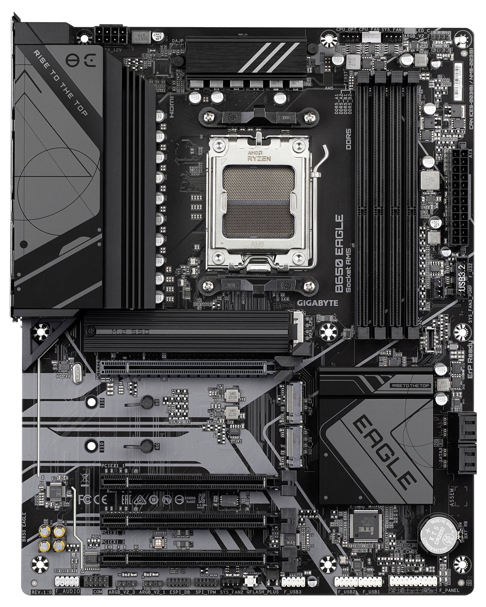 Čierna základná doska Gigabyte B650 Eagle so socketom AM5, PCIe slotmi a viacerými RAM slotmi, vhodná pre herné počítače.