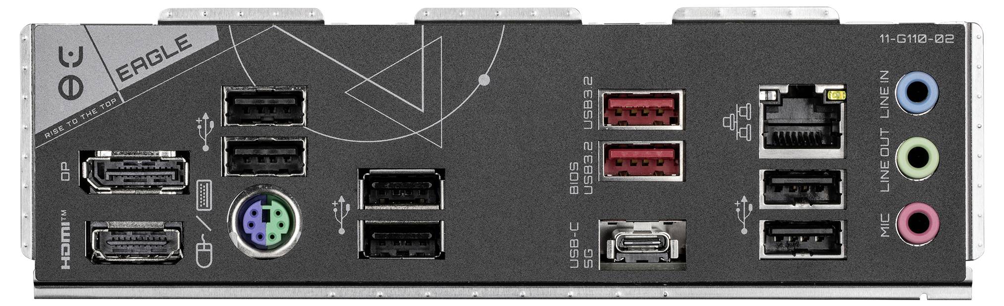 Pohľad zozadu na počítačovú základnú dosku s rôznymi konektormi: HDMI, DisplayPort, USB, Ethernet, audio konektory.