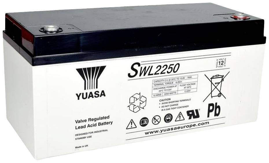 Olovená batéria Yuasa, model SWL2250, 12V. Obdĺžnikový tvar, biele puzdro s čiernou hornou časťou. Vhodná pre priemyselné použitie.
