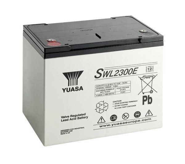 Olovený akumulátor značky Yuasa, model SWL2300E, s technickými špecifikáciami na prednej strane.