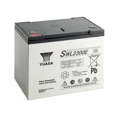 Olovený akumulátor značky Yuasa, model SWL2300E, s technickými špecifikáciami na prednej strane.