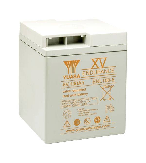 Batéria značky Yuasa, model Endurance XV, 6V, 100Ah. Ventilom regulovaný olovený akumulátor pre priemyselné použitie.