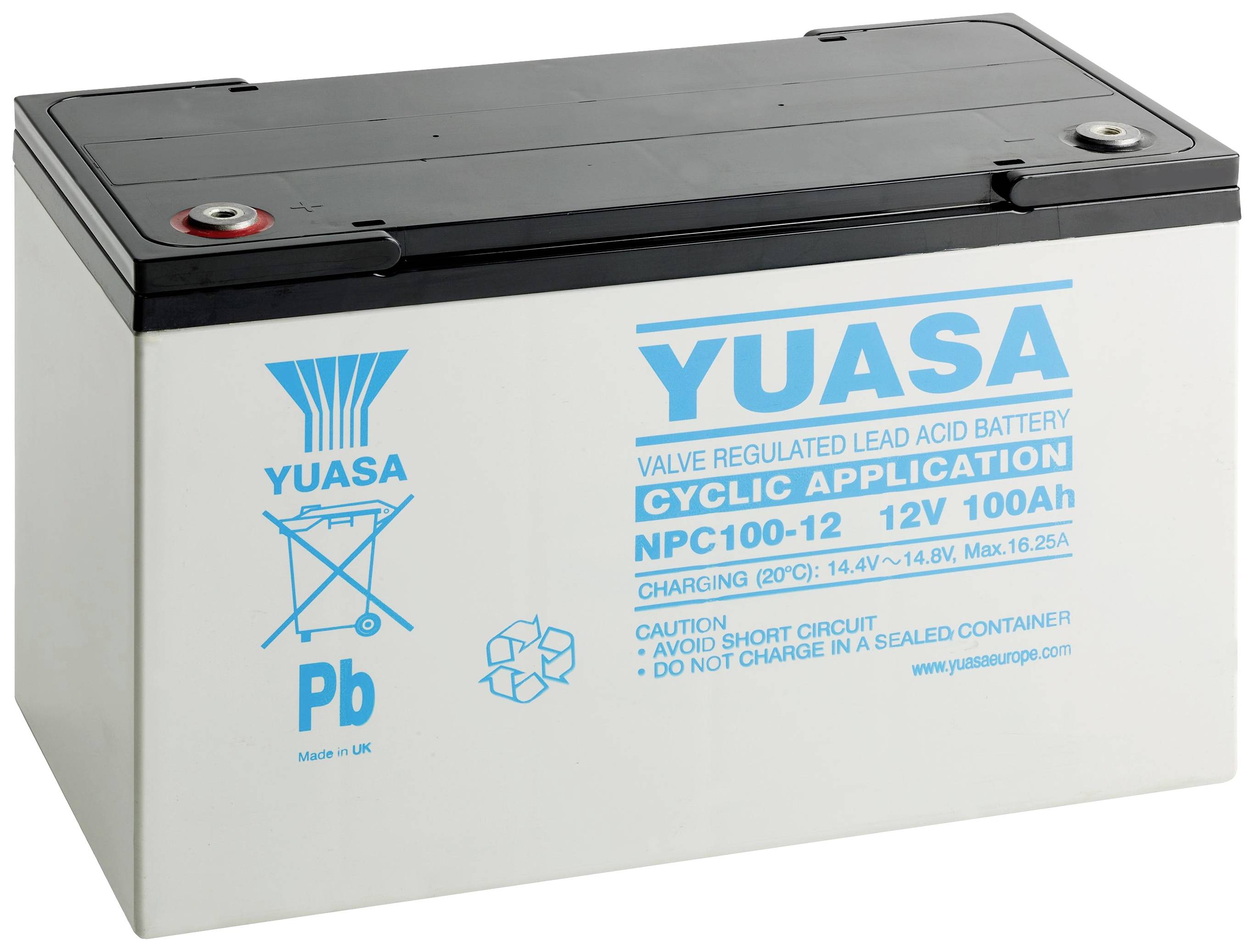 Olovený akumulátor Yuasa s nápisom 'Cyklická aplikácia', 12V, 100Ah. Vhodný pre zariadenia s cyklickým energetickým dopytom.