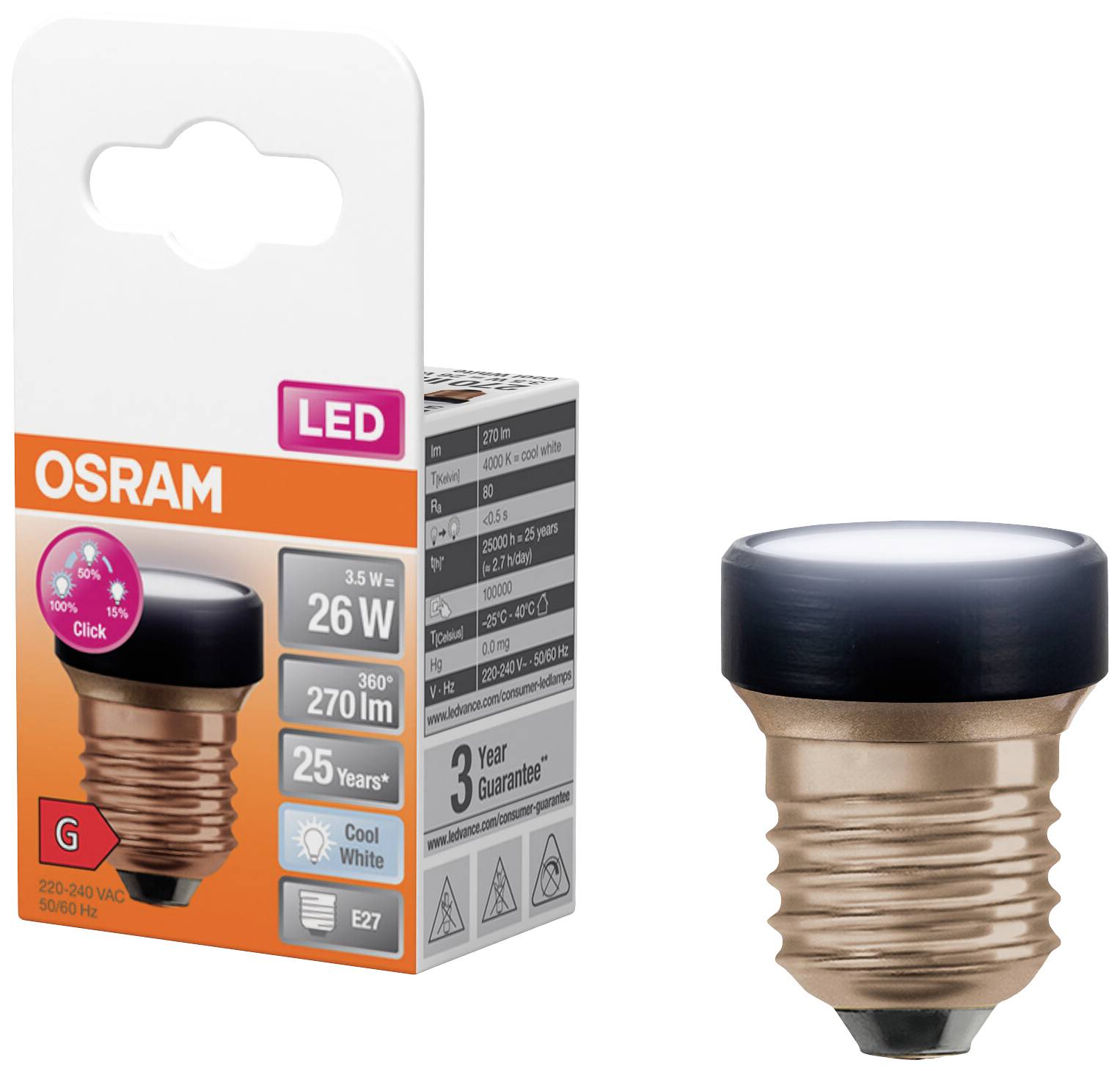 LED žiarovka OSRAM v balení. Parametre: 3,5 W, náhrada 26 W, 270 lm, životnosť 25 rokov, studená biela, pätica E27.