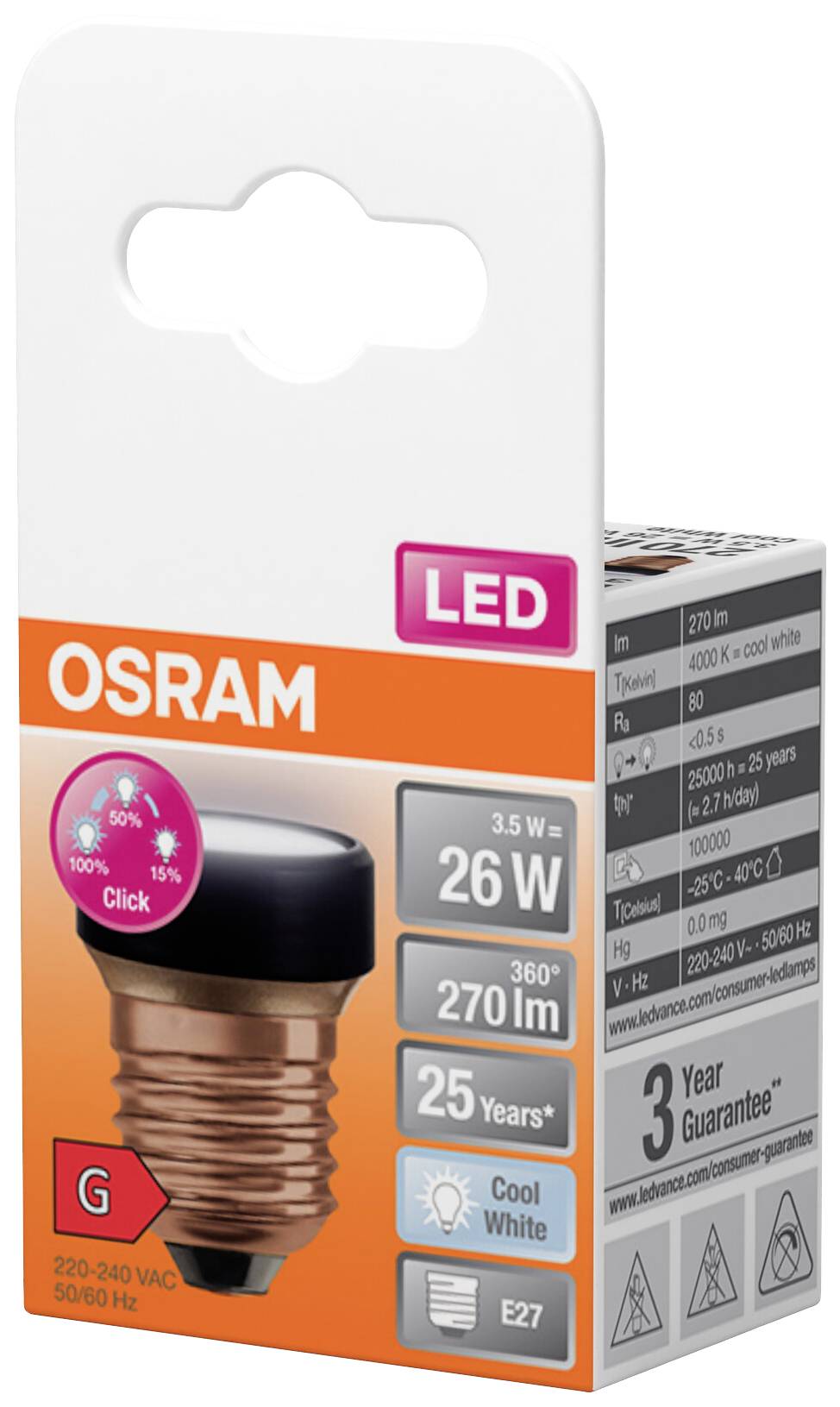 LED-lampa značky OSRAM, 3,5 W, 270 lúmenov, do objímky E27. Životnosť 25 rokov, studené biele svetlo. 3-ročná záruka. Energetická trieda G.