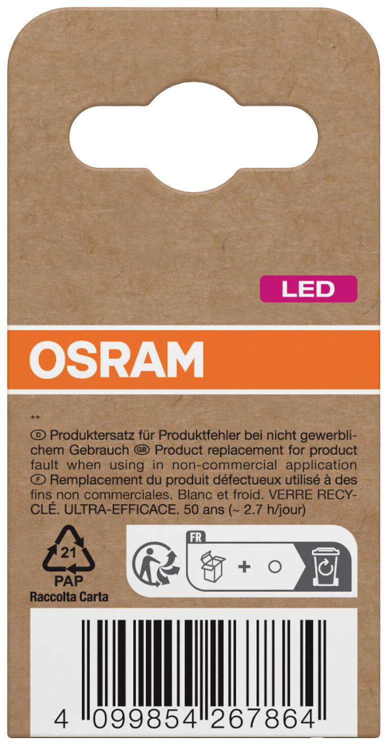 Zadná strana obalu LED žiarovky OSRAM so zobrazením informácií o výrobcovi a recyklácii. Obsahuje tiež čiarový kód a symboly pre triedenie papiera a odpadu.