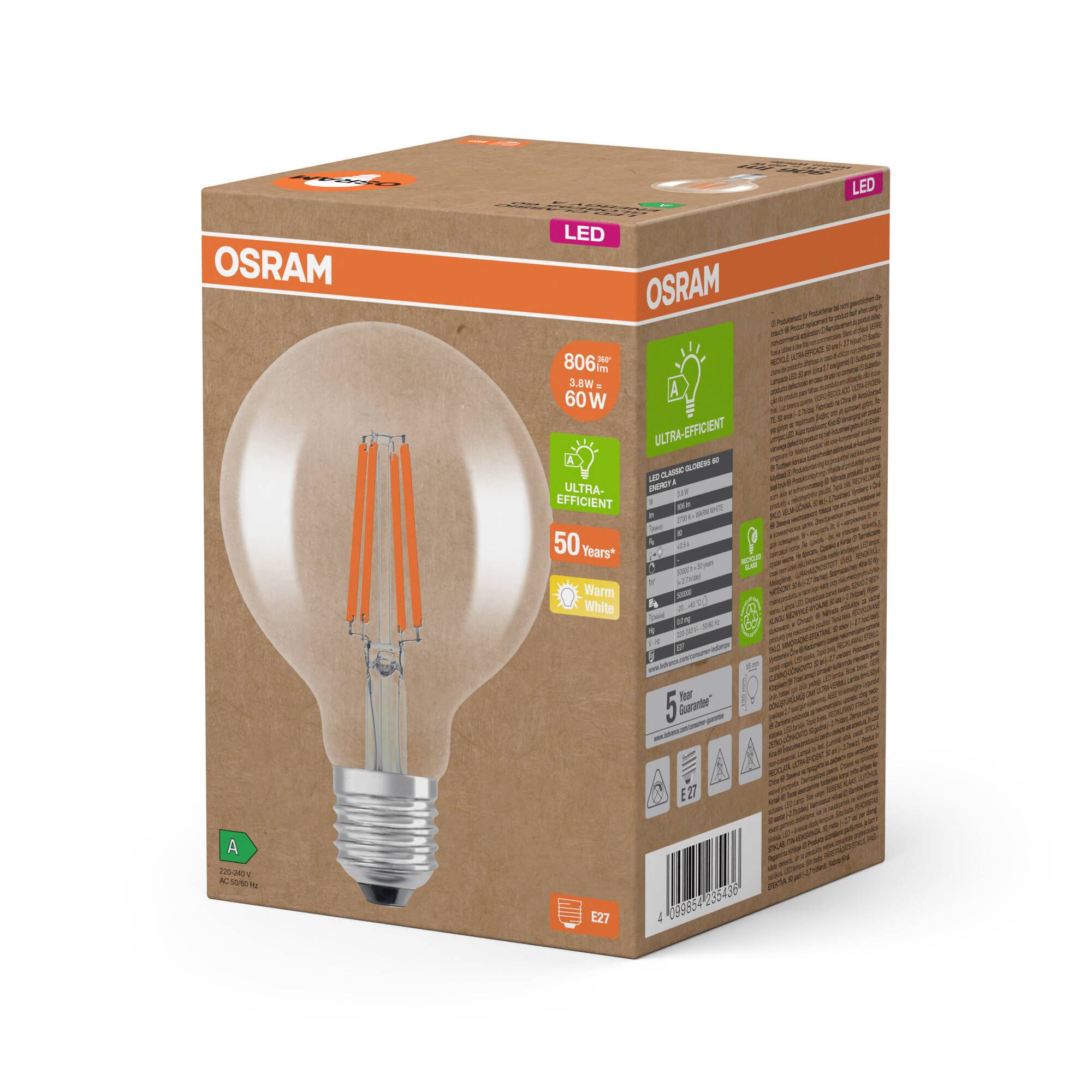 LED žiarovka značky Osram s 806 lúmenmi, ekvivalentná 60 wattom, úsporná a s výdržou 50 rokov.