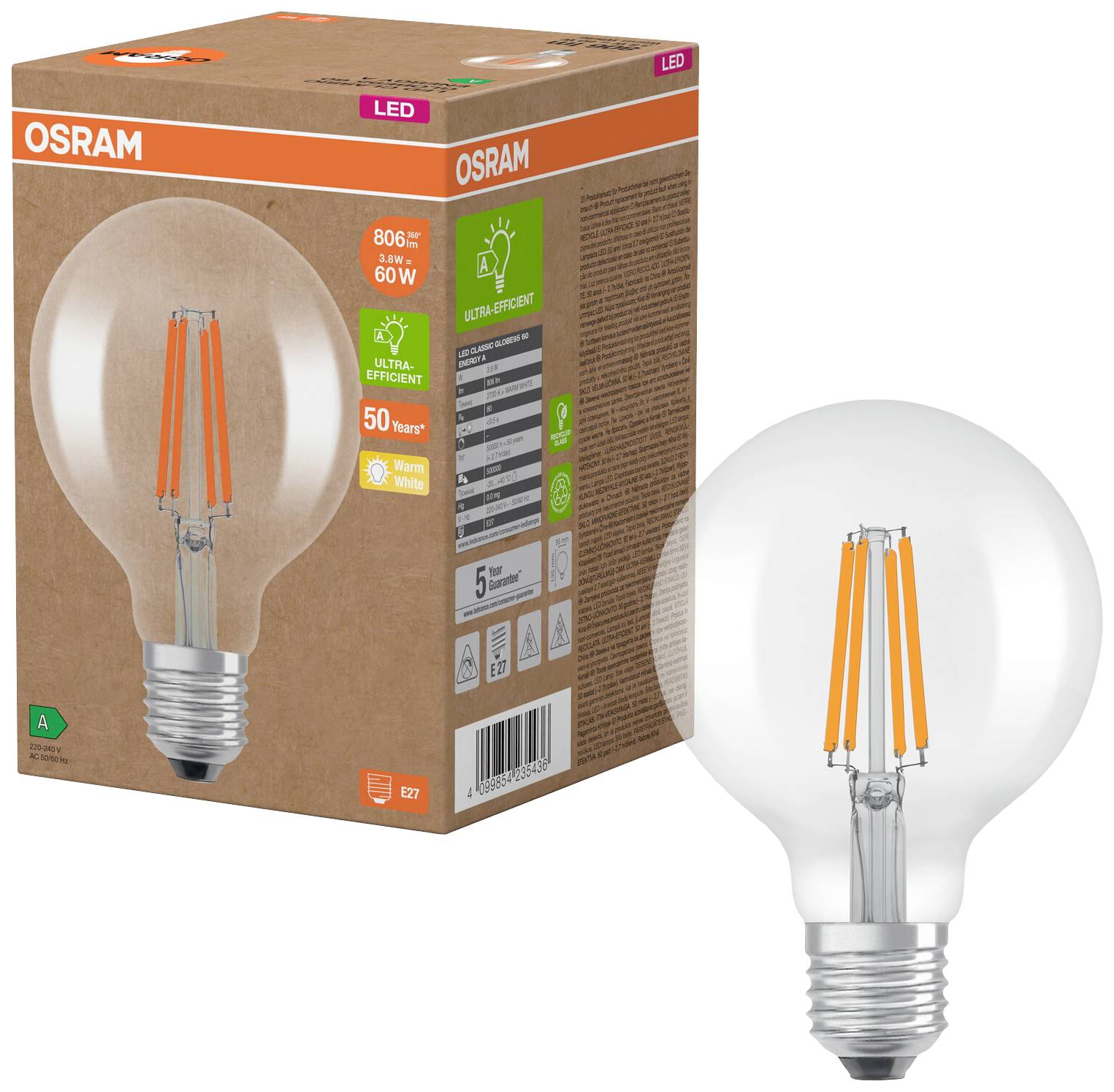 Dve LED žiarovky značky Osram s obalom, trieda energetickej účinnosti A. Jedna žiarovka stojí pred obalom, svetelný tok 806 lm, náhrada za 60W.