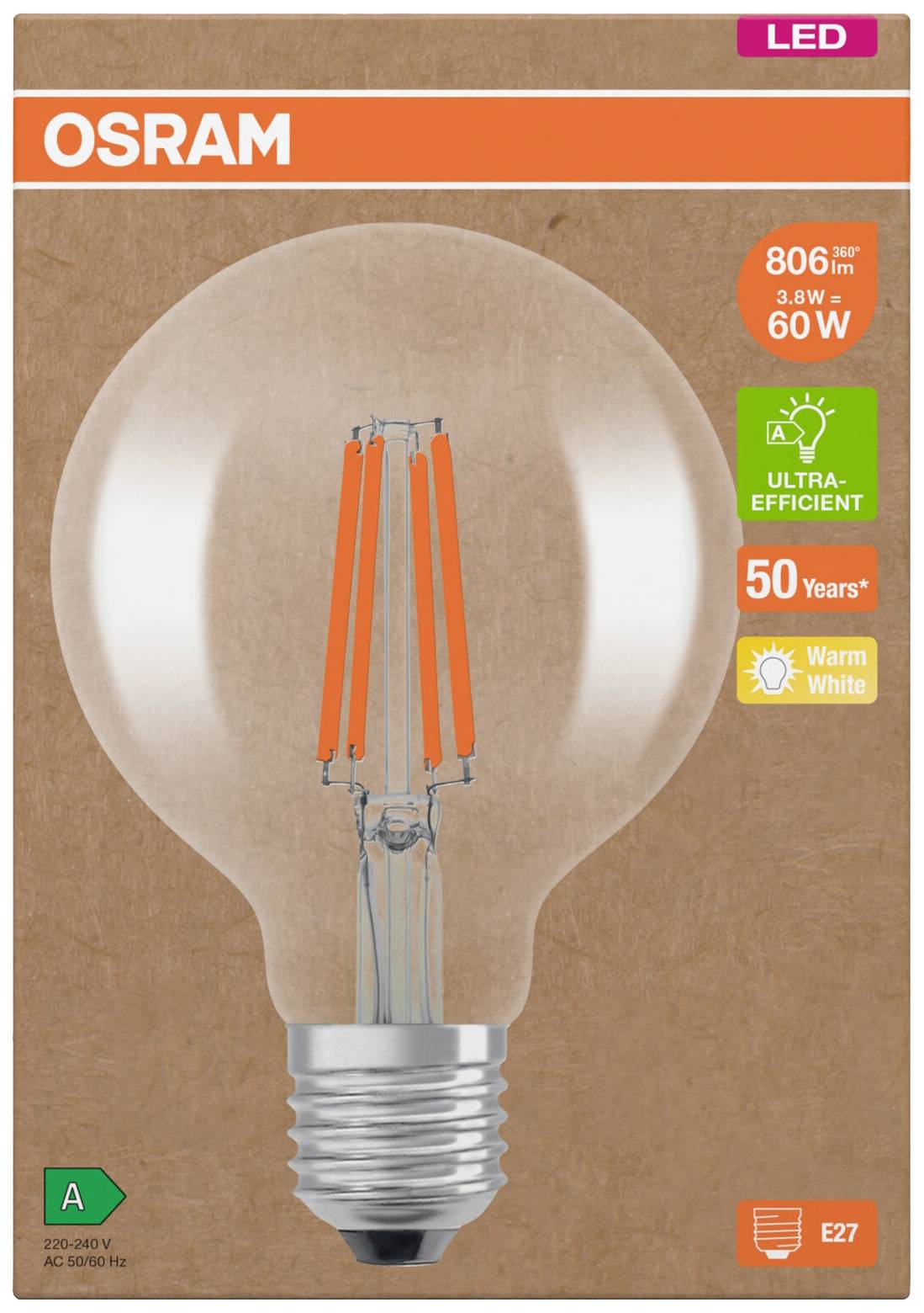 LED žiarovka so socketom E27 od značky OSRAM. Má 806 lúmenov, je ultra-efektívna a teplobiela. Životnosť: 50 rokov.