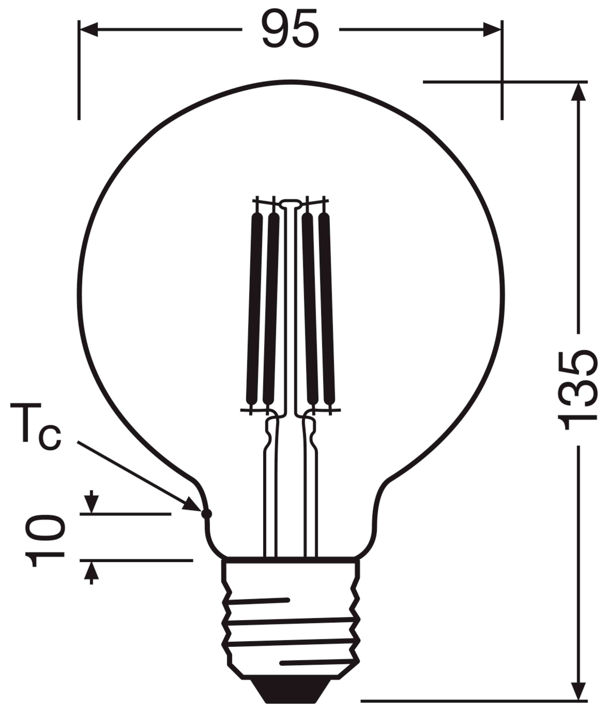 Výkres žiarovky s rozmermi: 95 mm šírka, 135 mm výška. Značky Tc v 10 mm zobrazujú technické detaily.