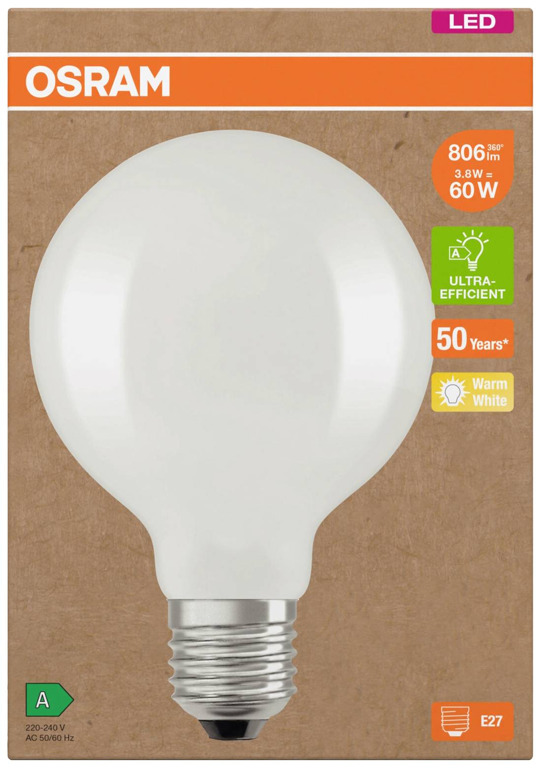 'OSRAM LED žiarovka, 806 lúmenov, 8 W zodpovedá 60 W, ultra-efektívna, 50-ročná životnosť, teplá biela, energetická trieda A, pätica E27.'
