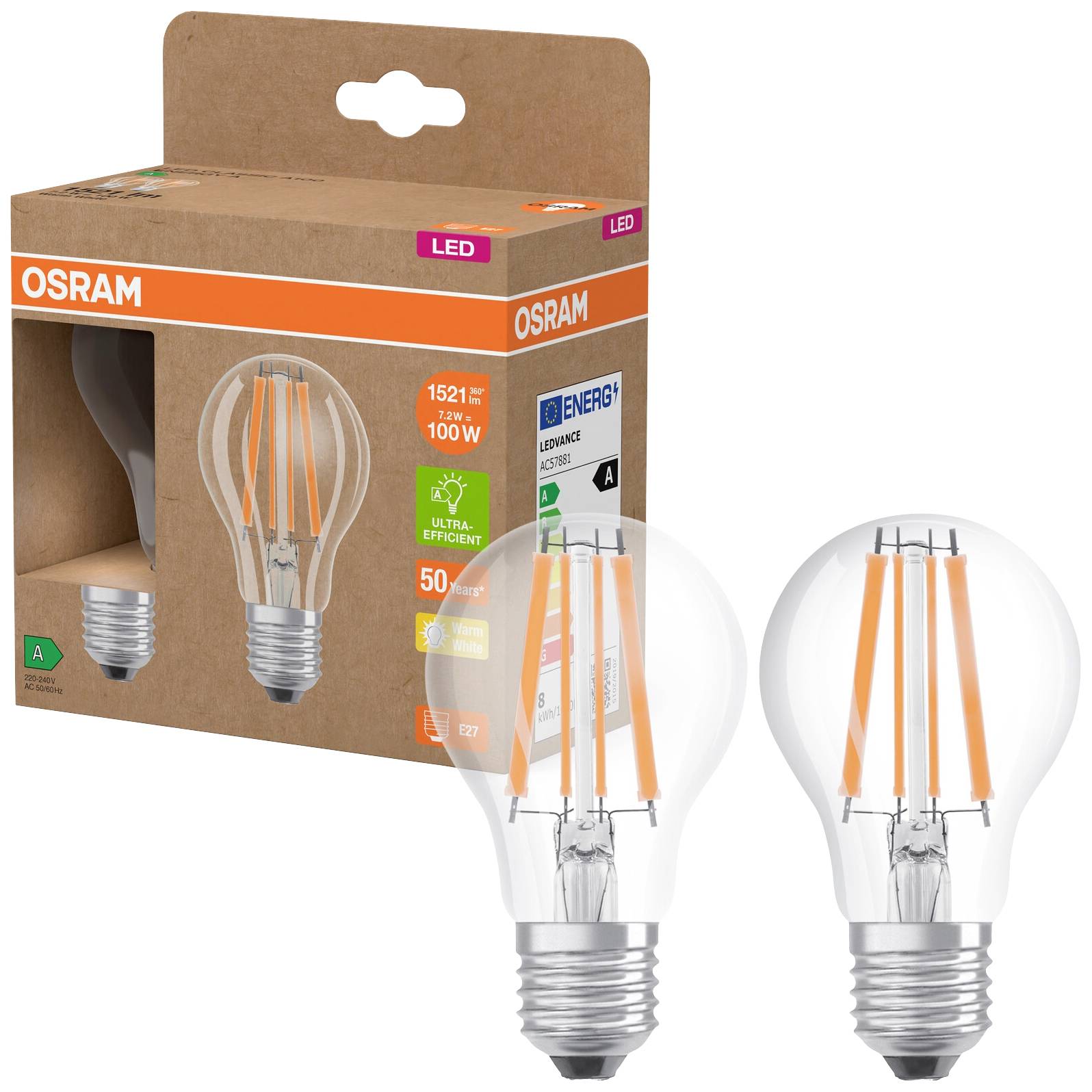 OSRAM HOMELIGHTING 4099854253706 LED (monocolore) ERP A (A - G) E27 Forma di bulbo 7.2 W = 100 W Bianco caldo (Ø x A) 60 mm x 60 mm 2 pz.
