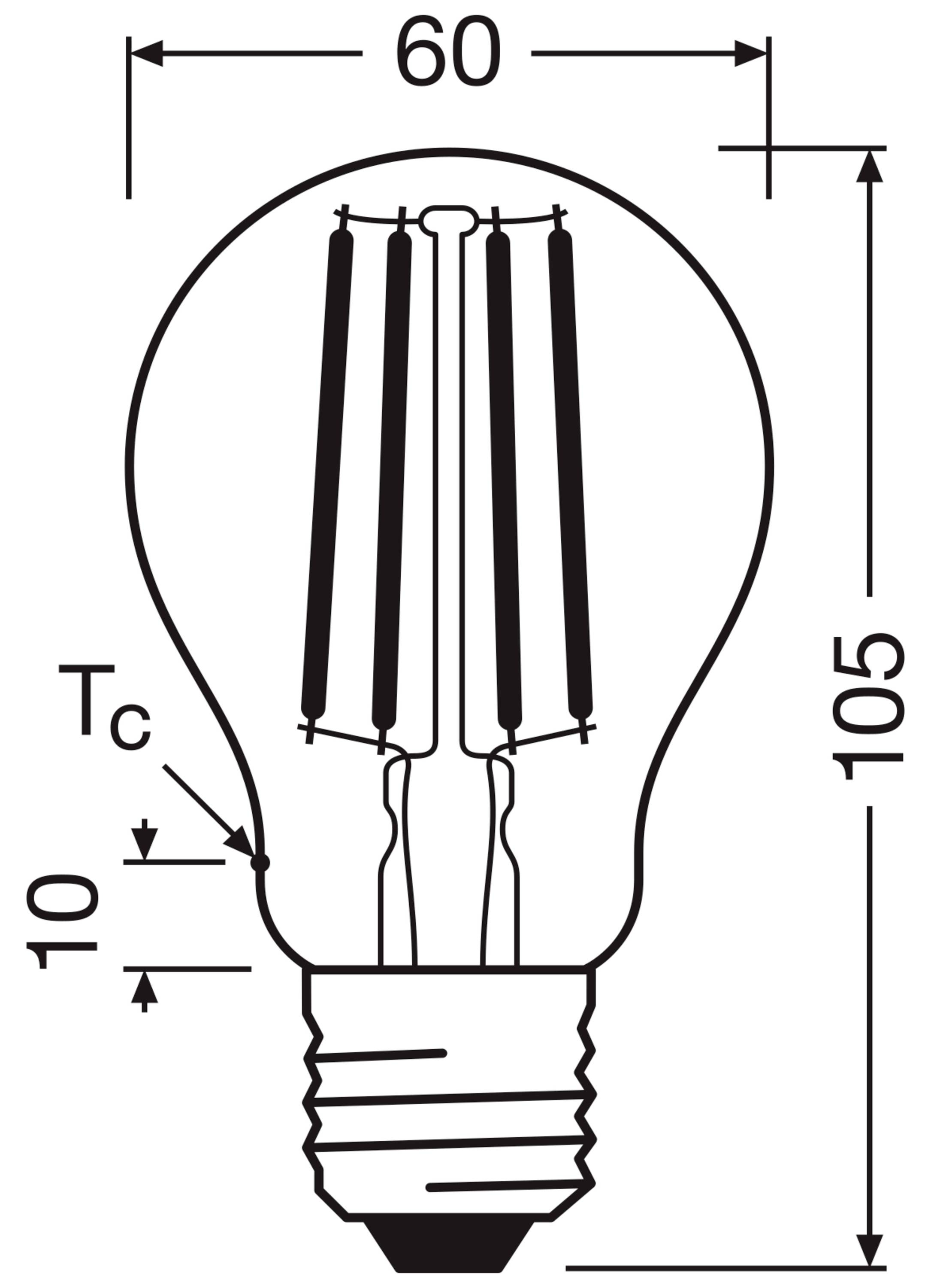 Obrázok žiarovky s rozmermi: šírka 60 mm, výška 105 mm, hĺbka pätica 10 mm. Znázorňuje vnútornú štruktúru vlákien.