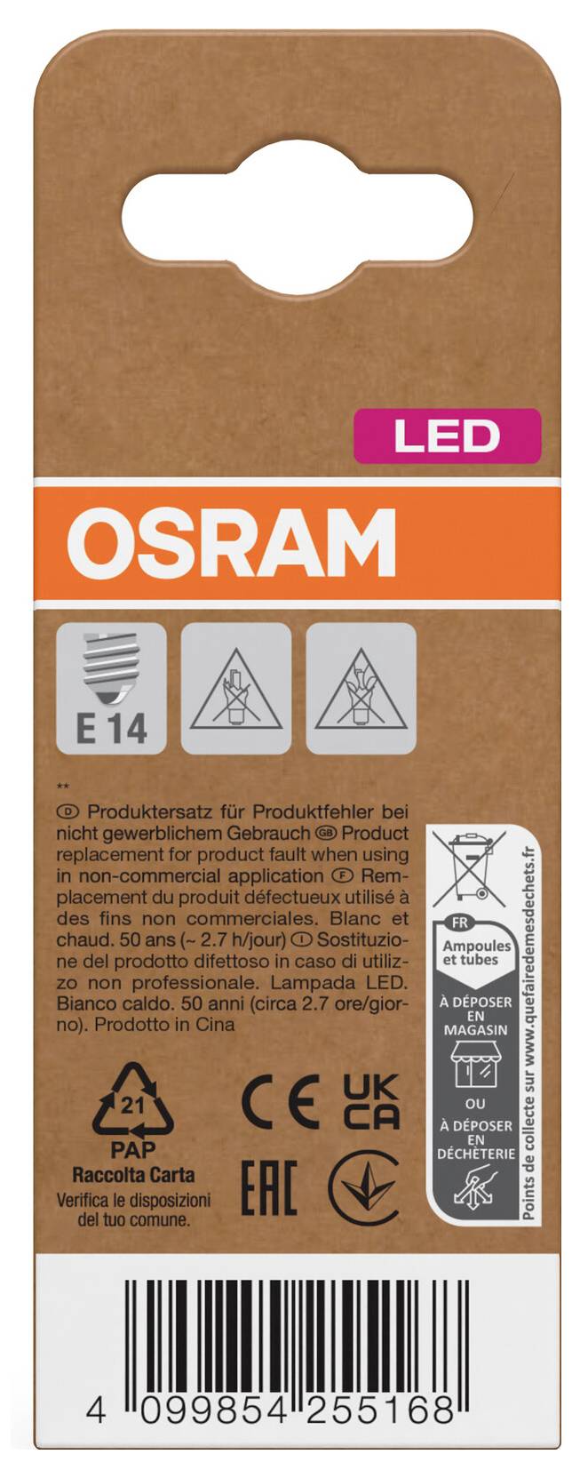 OSRAM LED žiarovka, balenie v hnedej krabici s oranžovým štítkom, ikona päty E14, bezpečnostné symboly a čiarový kód.