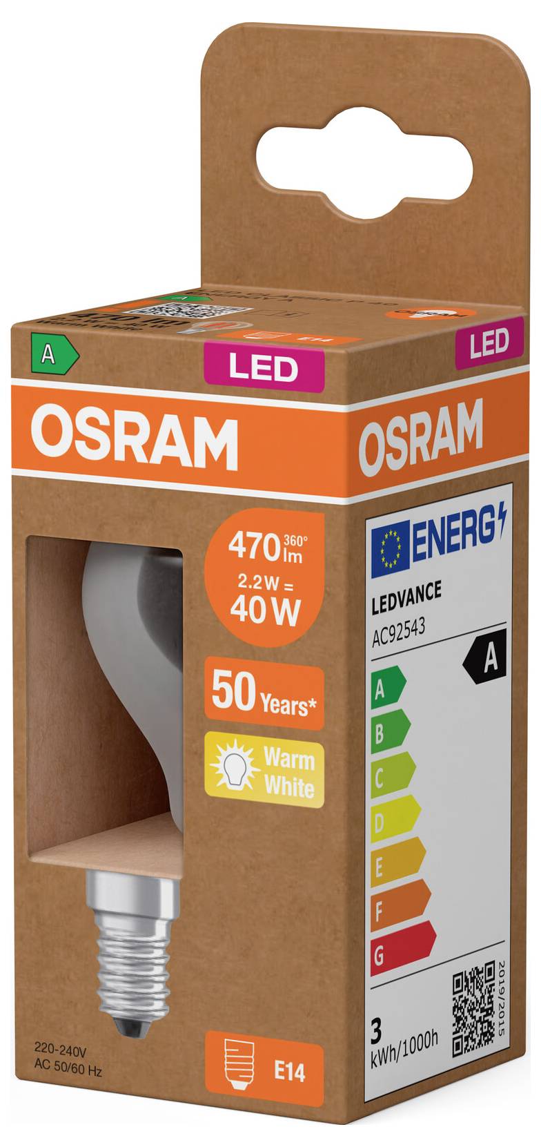 Krabica LED žiarovky OSRAM LEDVANCE, teplá biela, 2,2W, ekvivalent 40W, pätica E14, 470 lúmenov, energetická trieda A.