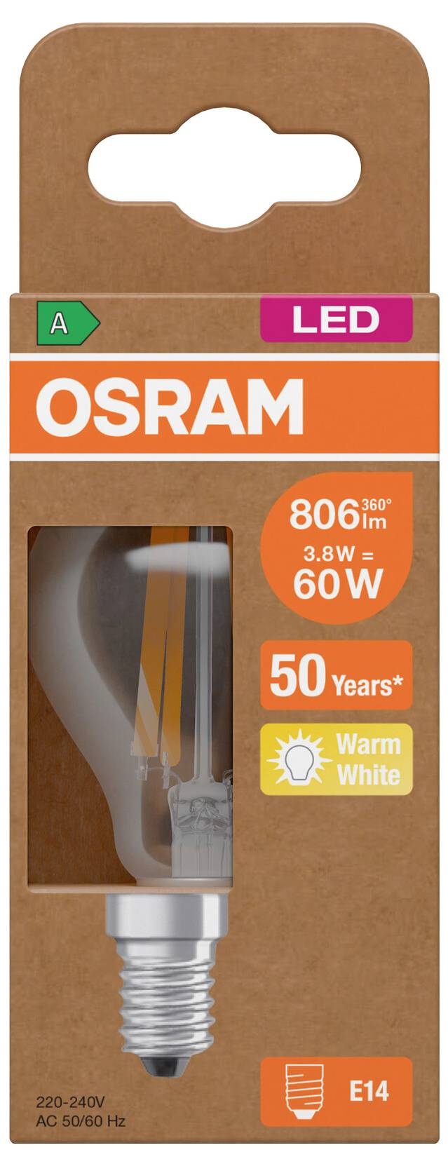 OSRAM LED žiarovka v balení zobrazujúca E14 teplú bielu žiarovku, 806 lm, 8,5 W, ekvivalent 60 W, 50 rokov a svetlo pod uhlom 360°.