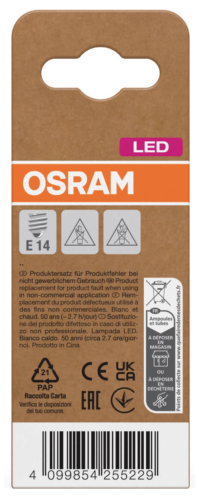 OSRAM LED lampa s päticou E14, hnedá predná strana krabice, bezpečnostné ikony, recyklačné značky a čiarový kód.