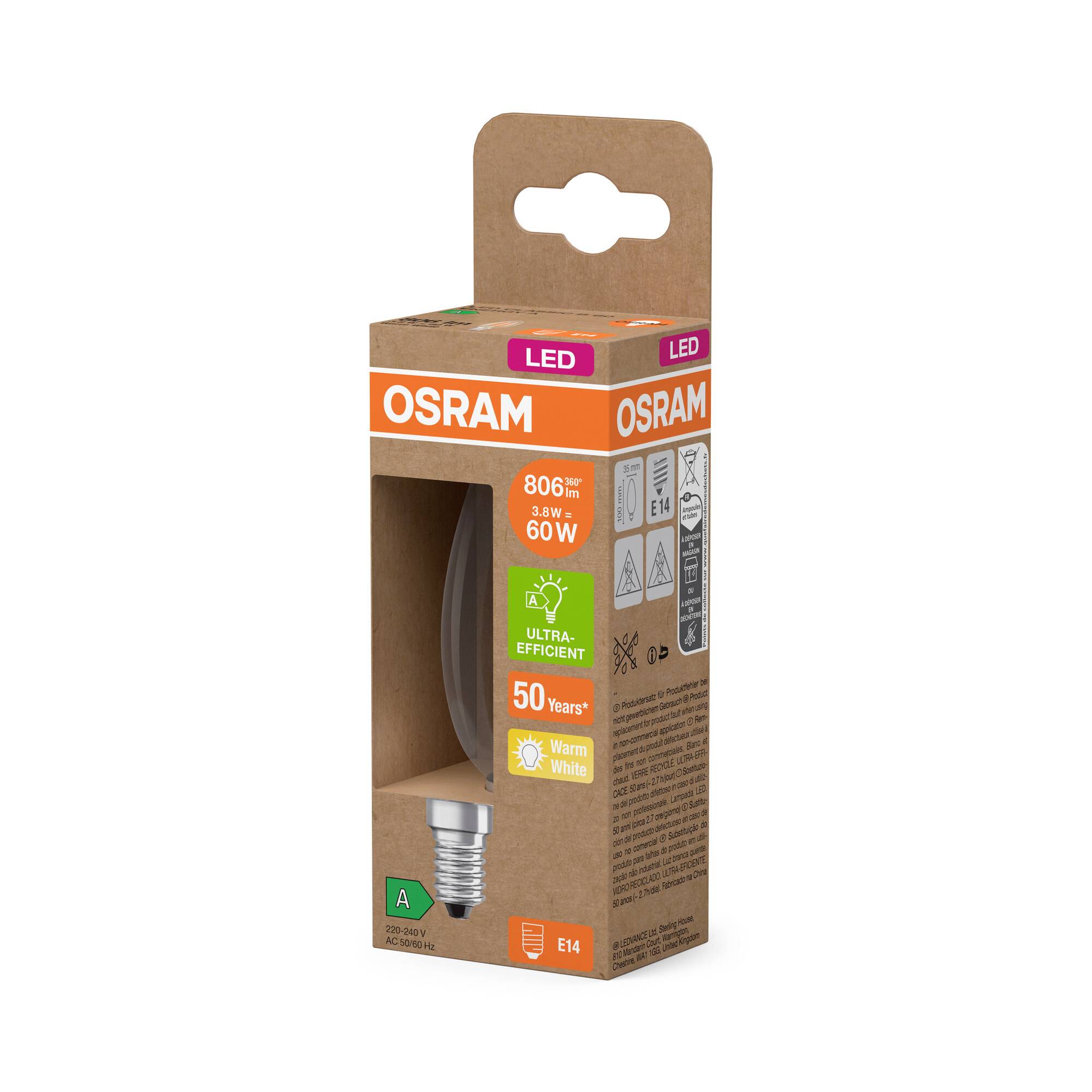 Obalový box žiarovky OSRAM LED so štandardnou päticou E14. Uvádza 806 lm, ekvivalent 60W, 'Ultra-Efektívne', '50 rokov', teplé biele svetlo.