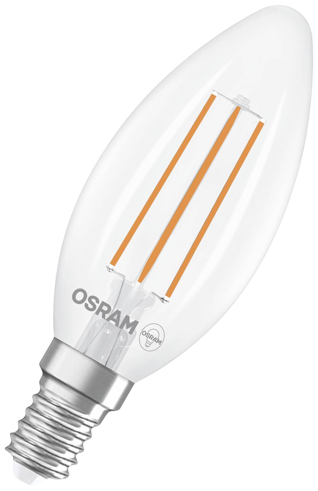 LED žiarovka v tvare sviečky so viditeľným vláknom a striebornou päticou, označená logom 'OSRAM', na bielom pozadí.