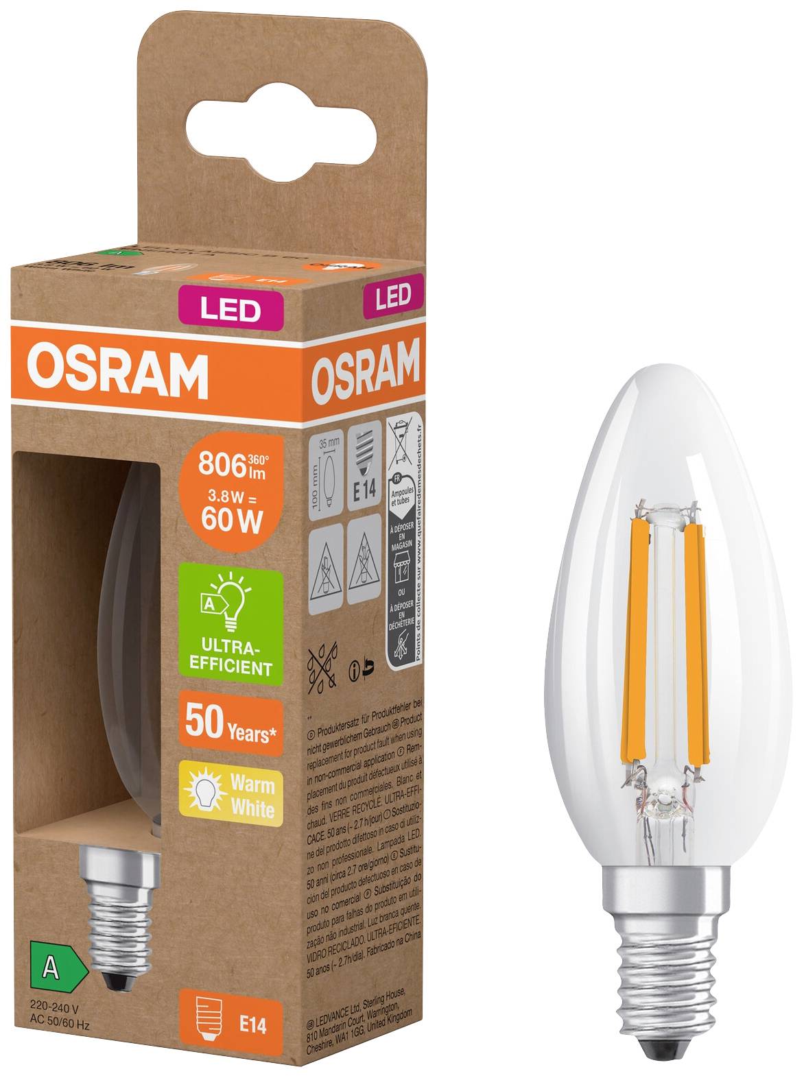 LED žiarovka značky Osram so soklom E14, 806 lúmenov, 3,8W, teplé biele svetlo, ekvivalent 60W, v ekologickom obale.