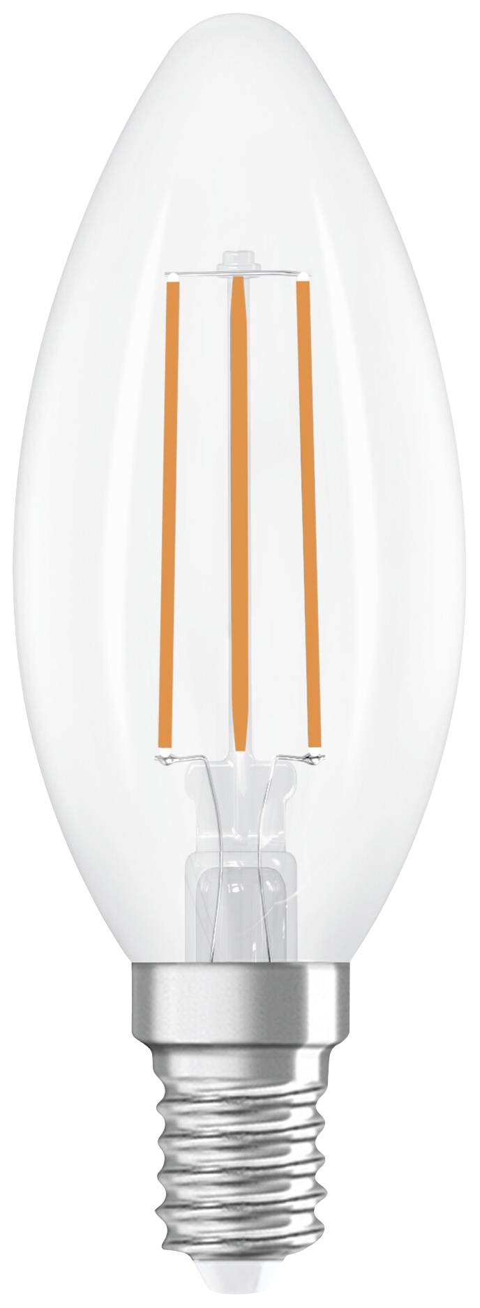 LED sviečková žiarovka so štandardným E14 päticou, s priesvitným sklom a viditeľnými vláknami. Ideálna pre dekoratívne osvetlenie.
