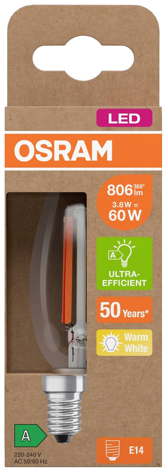 LED žiarovka značky Osram. Parametre: 806 lúmenov, 3,8 wattov, ekvivalent 60 wattov, teplá biela, životnosť 50 rokov, pätica E14. Energetická trieda A.