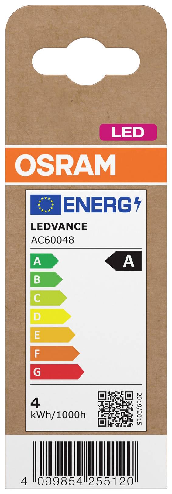 LED žiarovka od OSRAM, energetická trieda A, spotreba: 4 kWh/1000h. Obsahuje QR kód a farebnú škálu.