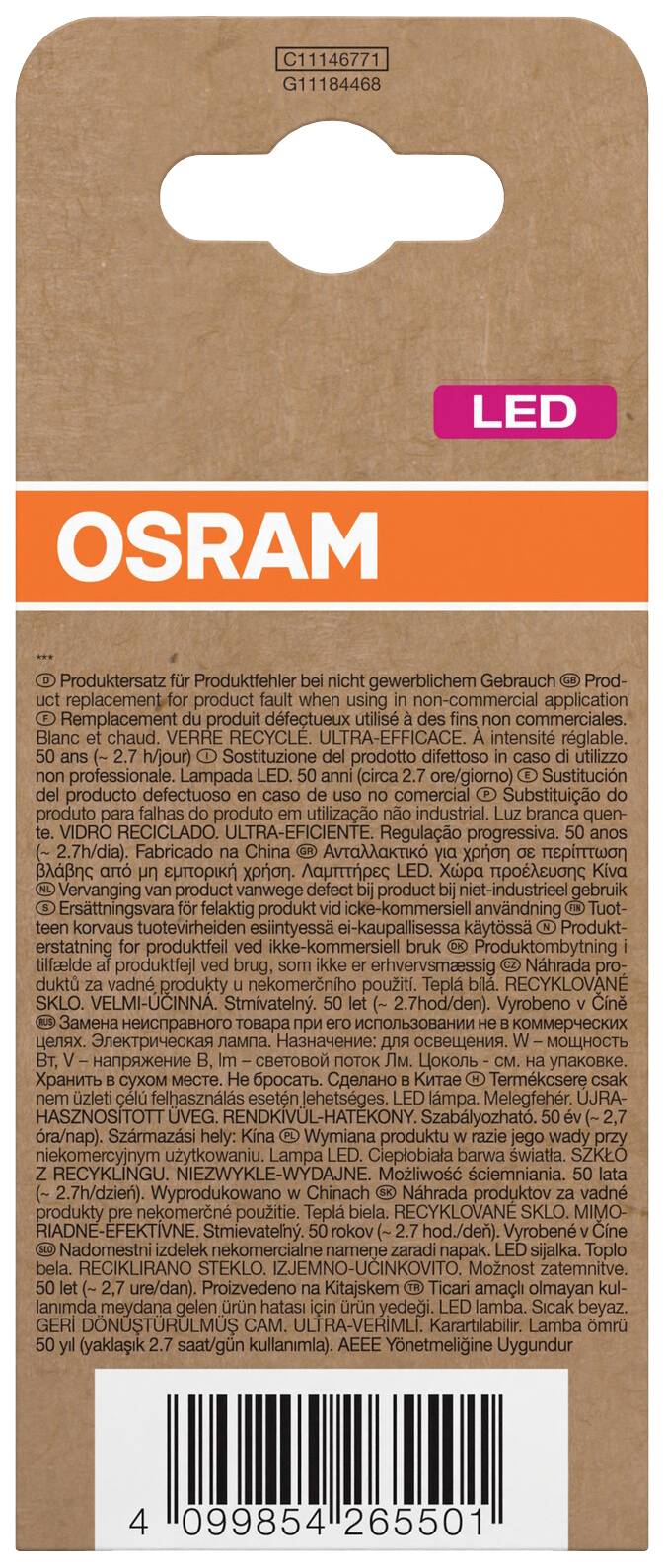 Zadná strana obalu LED žiarovky Osram s produktovými informáciami, bezpečnostnými pokynmi a čiarovým kódom.